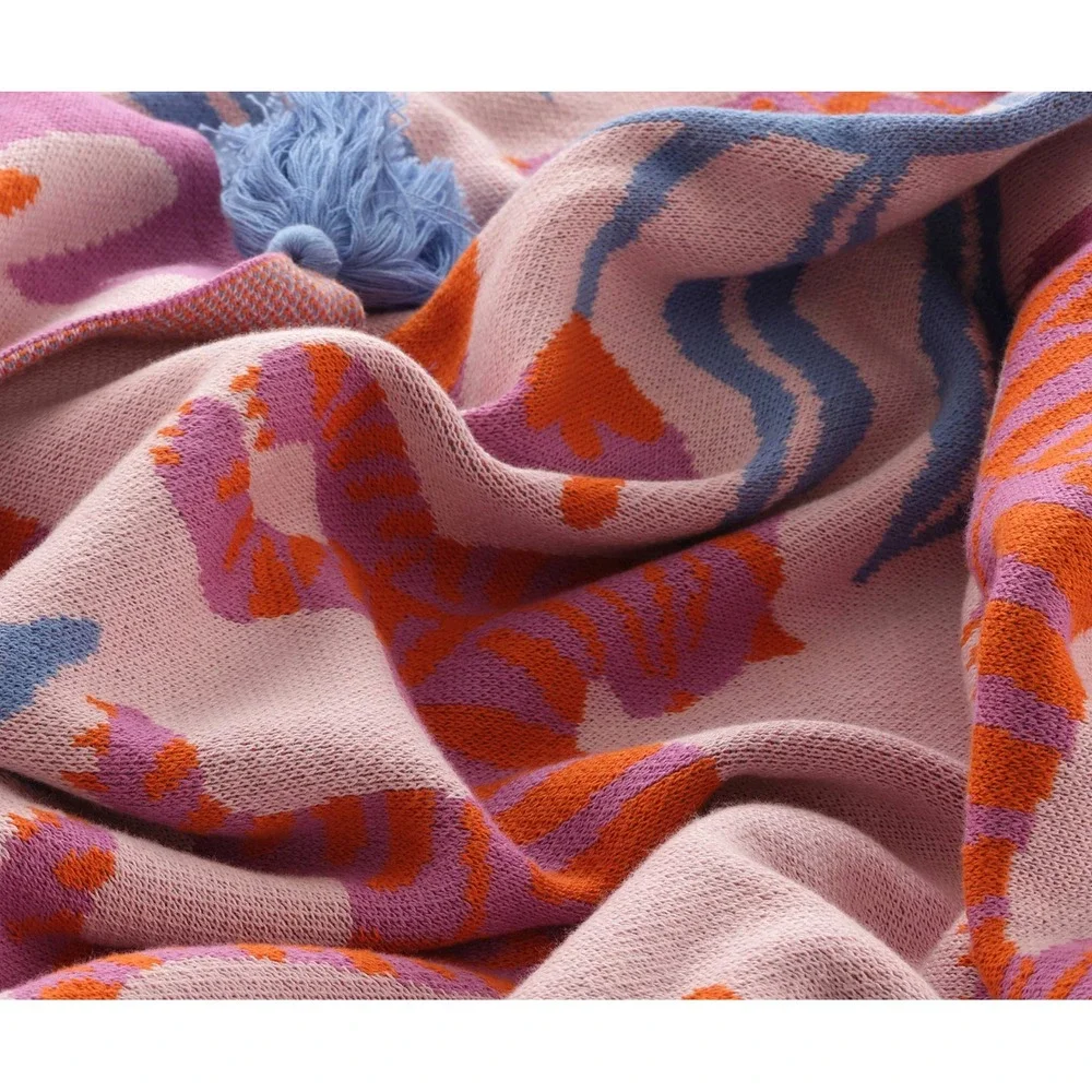 Jotex ROAR Tiger Throw Blanket Pink Organic Cotton Knit 50x62 India